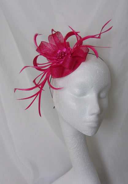 Cerise Pink Fascinator - Dark Fuchsia Raspberry Hot Pinks Sinamay Loop Feather & Pearl Wedding Fascinator Mini Hat Ascot - Made to Order.