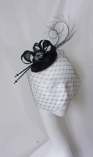 Black Gothic Fascinator with Blusher Veil Pheasant Curl Feathers Sinamay & Rhinestone Brooch Wedding Mini Hat - Made to Order