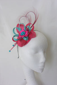 Cerise Raspberry Fuchsia Pink & Turquoise Blue Pheasant Curl Feather Pearl Sinamay Mini Hat Wedding Ascot Derby - Made To Order
