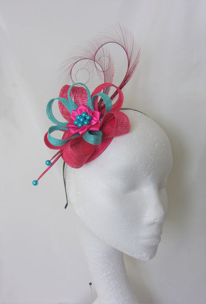 Cerise Raspberry Fuchsia Pink & Turquoise Blue Pheasant Curl Feather Pearl Sinamay Mini Hat Wedding Ascot Derby - Made To Order