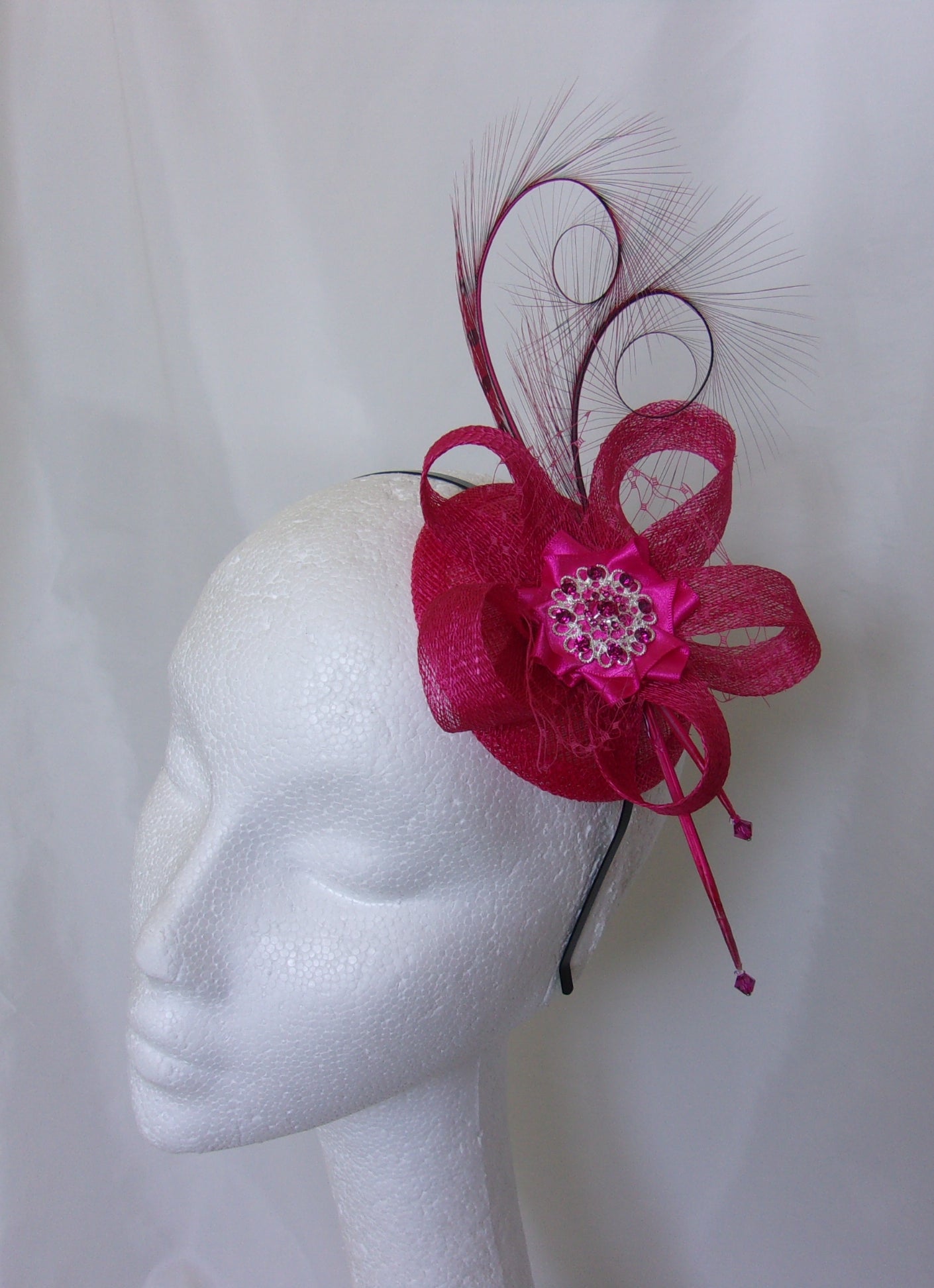 Cerise Pink Fascinator Bright Hot Fuchsia Pinks - Curl Feather Sinamay Loop Pearls or Rhinestone Wedding Mini Hat Headpiece - Made to Order
