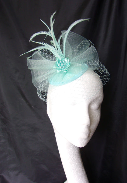 Aqua Vintage Fascinator Aquamarine Blue Blusher Veil Feather Plume Crinoline Bow and Pearl Percher Headpiece Hat Wedding