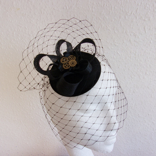 Black Mini Sinamay Steampunk Percher Fascinator Headpiece Hat with Merry Widow Blusher Veil and Brass or Silver Watch Cogs - Made to Order