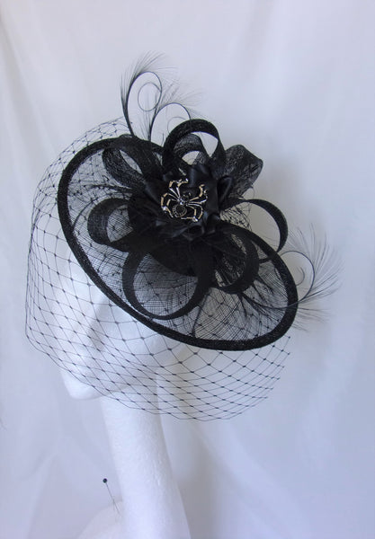 Black Spider Saucer Hat Dramatic Merry Widow Veiled Sinamay and Curl Feather Fascinator Wedding Halloween Gothic - Made to Order 