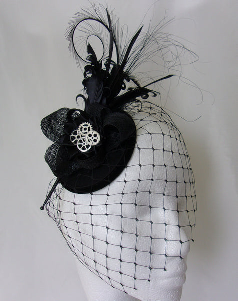 Black Rosalind - Mixed Feather Plume & Silver Bronze Steampunk Vintage Percher Fascinator Mini Hat