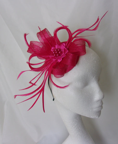 Cerise Pink Fascinator - Dark Fuchsia Raspberry Hot Pinks Sinamay Loop Feather & Pearl Wedding Fascinator Mini Hat Ascot - Made to Order.
