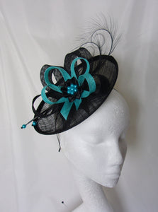 Turquoise Black Fascinator Light Azure Lagoon Blue Upback Saucer Sinamay Loop Curl Feather & Pearl Hat- Made to Order - Royal Ascot -Derby