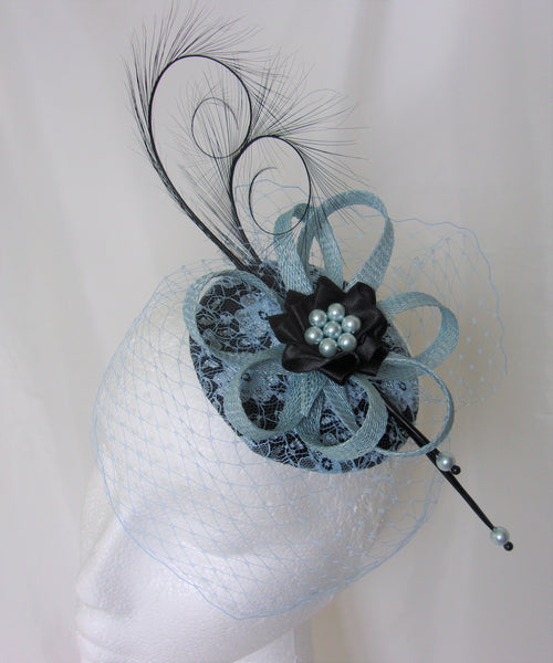 Black & Pale Blue Lace Veiled Vintage Style Cocktail Fascinator Hat with Feathers