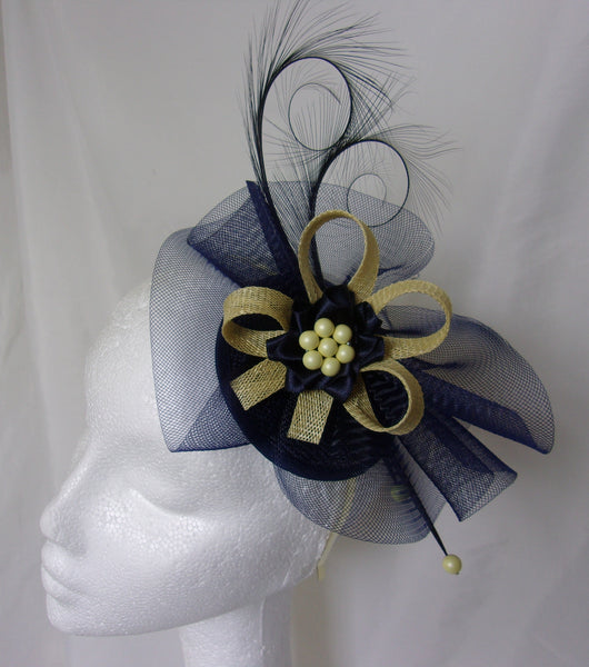 Navy Blue and Yellow Fascinator - Curl Feather Crinoline Primrose Bow and Pearl Wedding Fascinator Mini Hat Ascot Derby 