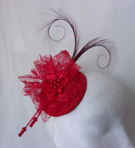 Red Lace Fascinator - Bright Scarlet Curl Feather and Pearl Vintage Percher Headpiece - Wedding- Ascot- Derby - Made to Order