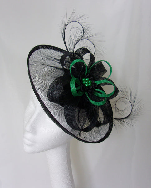 Black Sinamay Saucer Curl Feather and Emerald Jade Absinthe Green & Pearl Cecily Formal Wedding Derby Ascot Fascinator Hat - Made to Order
