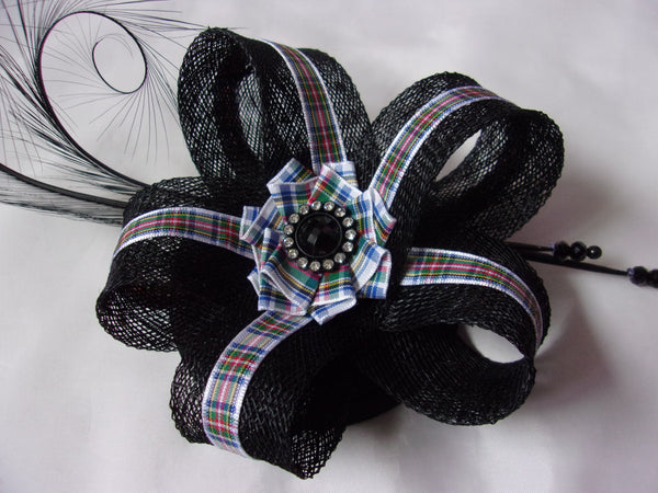 Tartan Fascinator - Black Pheasant Curl Feather Ribbon Stripe Sinamay & Pearl Scottish Highlands Wedding Burns Night Mini Hat Made to Order dress stewart