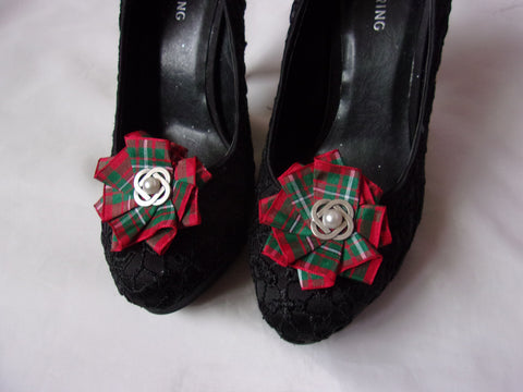 Celtic MacGregor Tartan Shoe Clips - Scarlet Red and Green Tartan Plaid Shoe Clip with Silver Celtic Knot- Made to Order