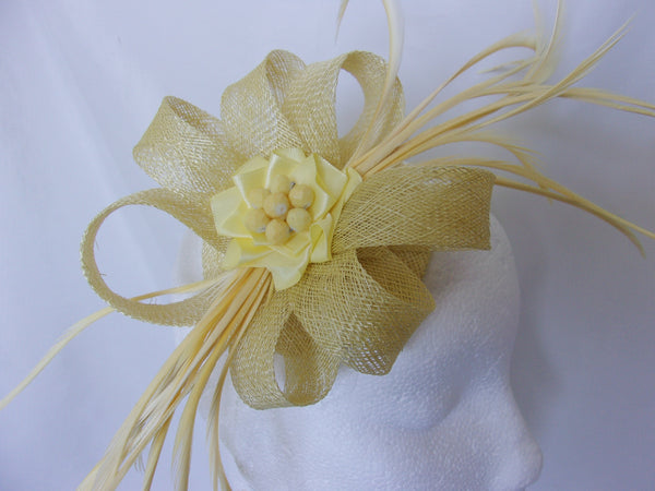 Yellow Fascinator - Primrose Lemon Yellows Shades Sinamay Loop Feather & Crystal Wedding Fascinator Mini Hat Ascot - Made to Order