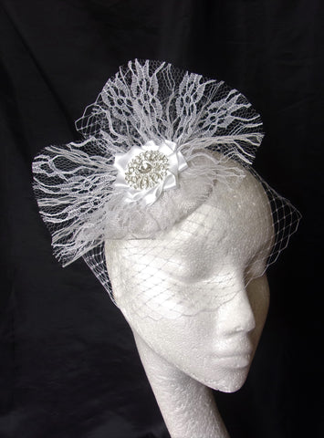 White Lace Bridal Hat Veiled Vintage Style Fascinator with Crystal Rhinestone Brooch - Wedding Bride - Made to Order