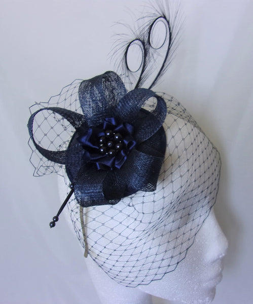 Navy Blue Fascinator Elegant Curl Feather Sinamay Loop & Veil and Pearl Wedding Ladies Day Derby Mini Hat - Made to Order