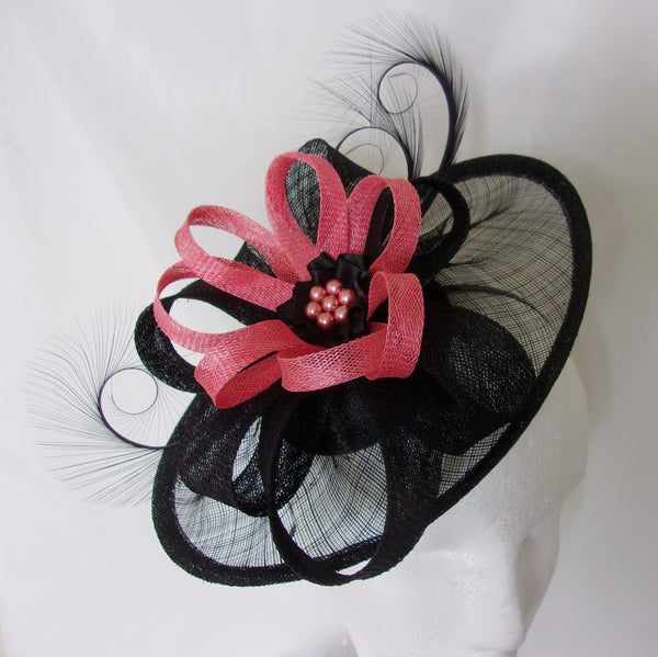 Coral & Black Fascinator - Large Sinamay Saucer with Curl Feathers and Coral Flamingo Pink Watermelon Wedding Ascot Derby Hat Made to Order