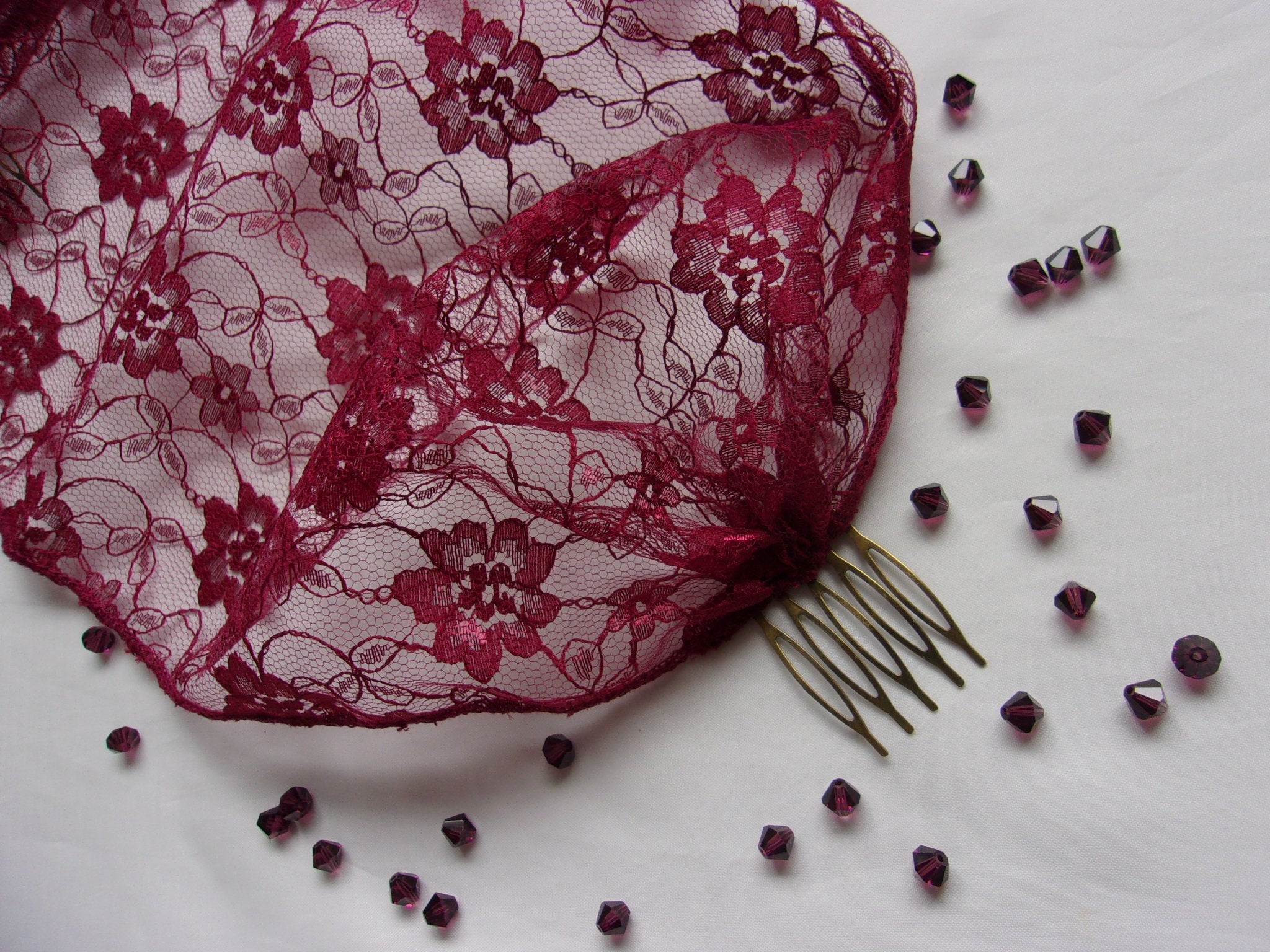 Burgundy Marsala Wine Lace Birdcage Bandeau Brides Wedding Bridal Veil - Burlesque Gothic Vintage Boho Head Scarf- Made to Order