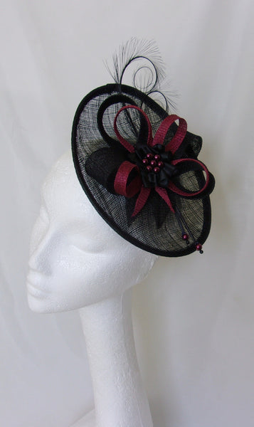 Black Burgundy Fascinator Upback Saucer with Sinamay Loops Curl Feathers & Pearls Wine Claret Marsala Hat- Made to Order - Ascot -Derby