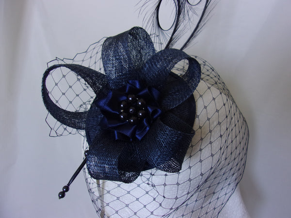 Navy Blue Fascinator Elegant Curl Feather Sinamay Loop & Veil and Pearl Wedding Ladies Day Derby Mini Hat - Made to Order