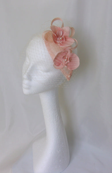 Pale Peach Veil Sinamay Loop Orchid Flower and Pearl Teardrop Wedding Fascinator Mini Hat - Custom Made to Order