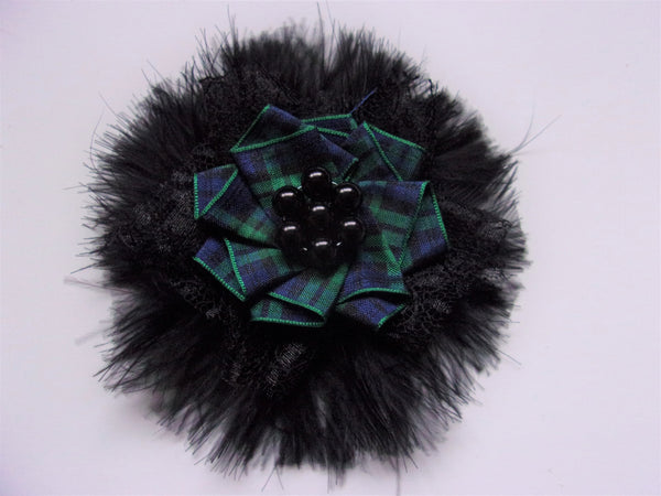 Black Tartan Feather and Lace Brooch Black Watch Crystal Corsage Bridal Pin Highlands Burns Night Scottish Wedding - Made to Order black crystals
