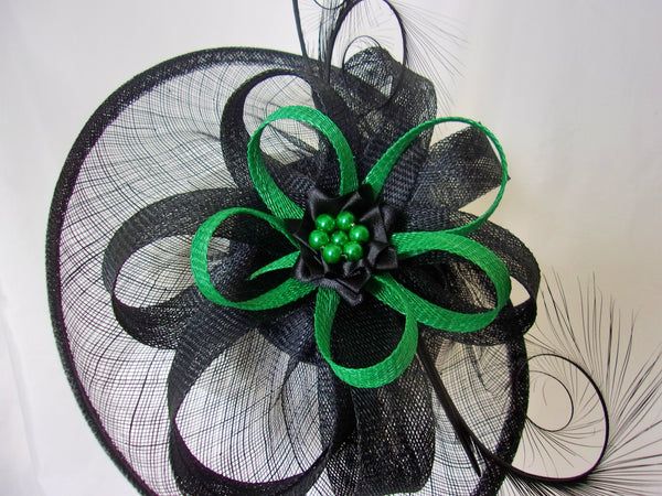 Black Sinamay Saucer Curl Feather and Emerald Jade Absinthe Green & Pearl Cecily Formal Wedding Derby Ascot Fascinator Hat - Made to Order