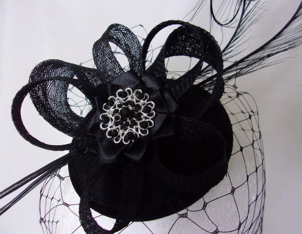 Black Gothic Fascinator with Blusher Veil Pheasant Curl Feathers Sinamay & Rhinestone Brooch Wedding Mini Hat - Made to Order