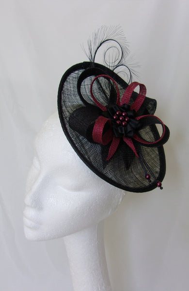 Black Burgundy Fascinator Upback Saucer with Sinamay Loops Curl Feathers & Pearls Wine Claret Marsala Hat- Made to Order - Ascot -Derby