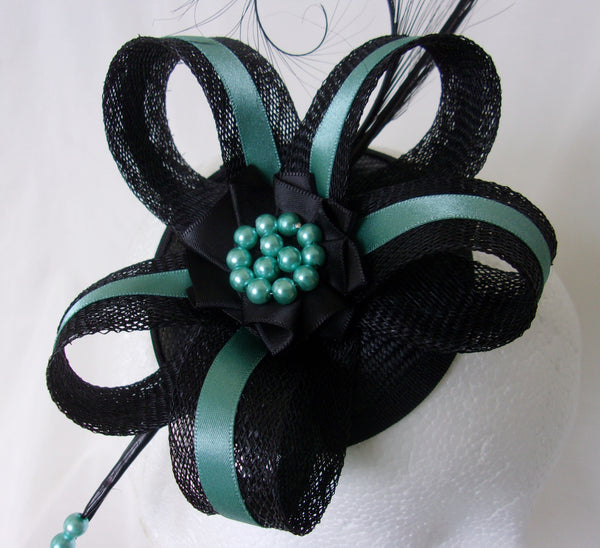 Light Teal Duck Egg Blue and Black Veiled Fascinator with Pheasant Curl Feathers Sinamay & Pearls Wedding Hat Ascot Derby - Made to Order