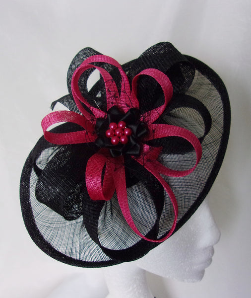 Black and Cerise Pink Hat - Sinamay Loops & Pearls Saucer Fascinator Formal Wedding Derby Ascot - Made to Order