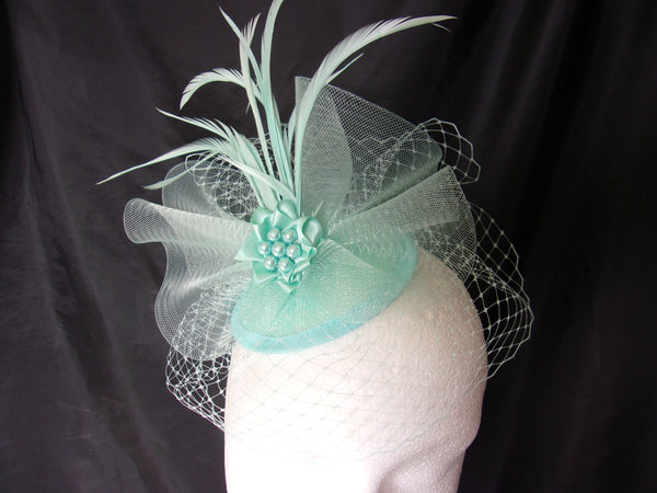 Aqua Vintage Fascinator Aquamarine Blue Blusher Veil Feather Plume Crinoline Bow and Pearl Percher Headpiece Hat Wedding