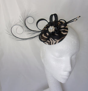 Tiger Stripe Fascinator - Safari Animal Print and Black Feather and Pearl Wedding Ascot Mini Hat - Made to Order