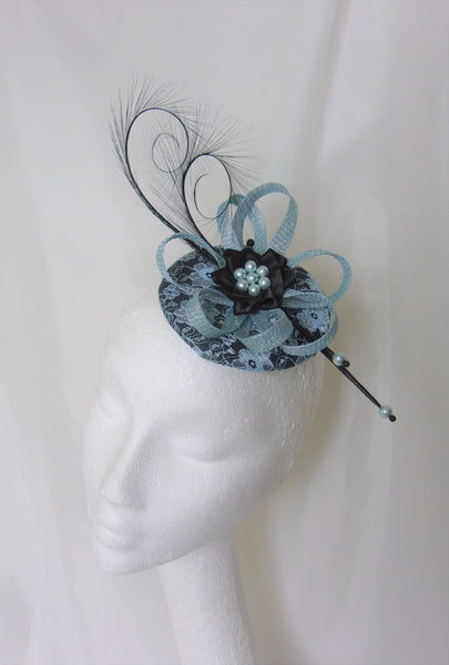 Black & Pale Blue Lace Veiled Vintage Style Cocktail Fascinator Hat with Feathers