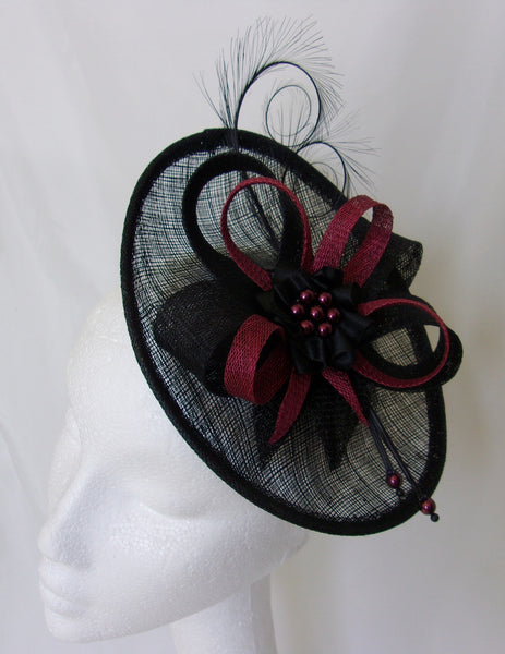 Black Burgundy Fascinator Upback Saucer with Sinamay Loops Curl Feathers & Pearls Wine Claret Marsala Hat- Made to Order - Ascot -Derby