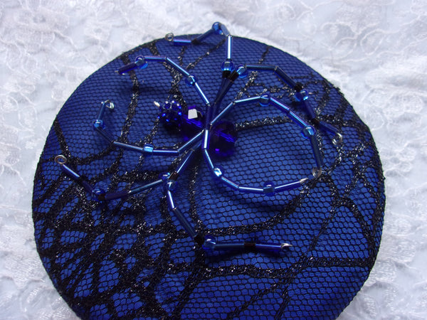 Royal Cobalt Blue & Black Crystal Spider Cobweb Cocktail Hat Fascinator Mini Headpiece - Gothic Halloween Wedding- Ready Made 