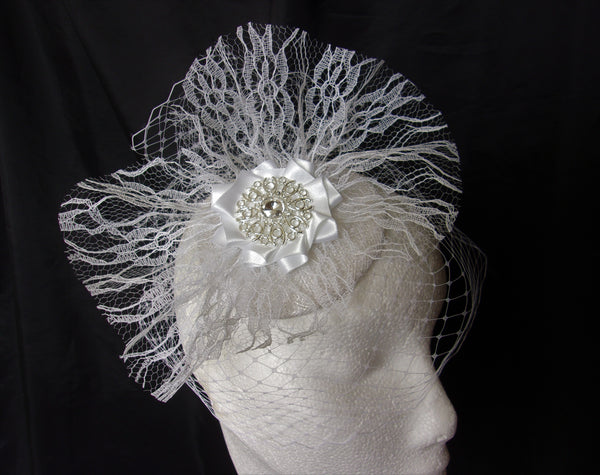 White Lace Bridal Hat Veiled Vintage Style Fascinator with Crystal Rhinestone Brooch - Wedding Bride - Made to Order