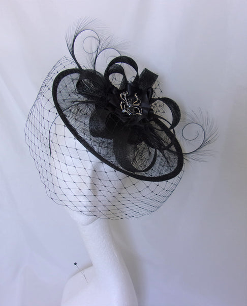 Black Spider Saucer Hat Dramatic Merry Widow Veiled Sinamay and Curl Feather Fascinator Wedding Halloween Gothic - Made to Order 
