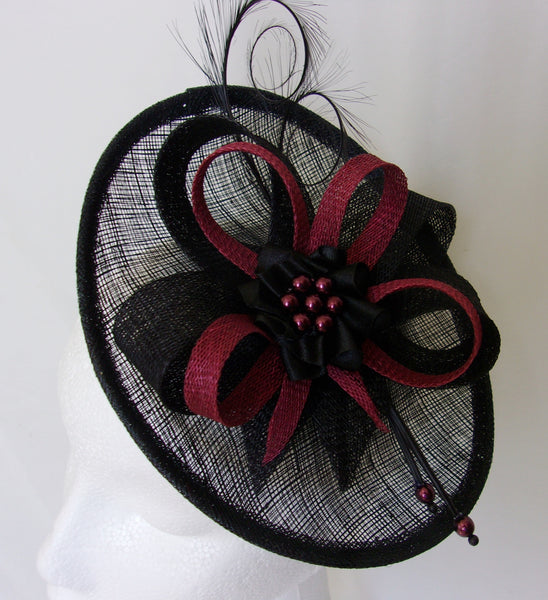 Black Burgundy Fascinator Upback Saucer with Sinamay Loops Curl Feathers & Pearls Wine Claret Marsala Hat- Made to Order - Ascot -Derby