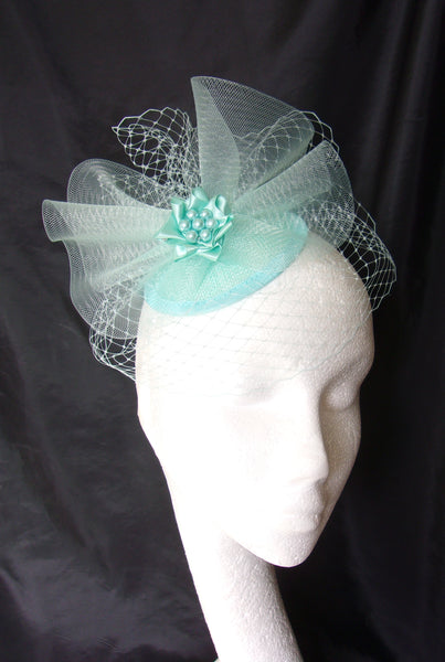 Pale Aqua Aquamarine Blue Vintage Style Blusher Veil Crinoline Bow & Pearl Percher Fascinator Hat - Wedding 
