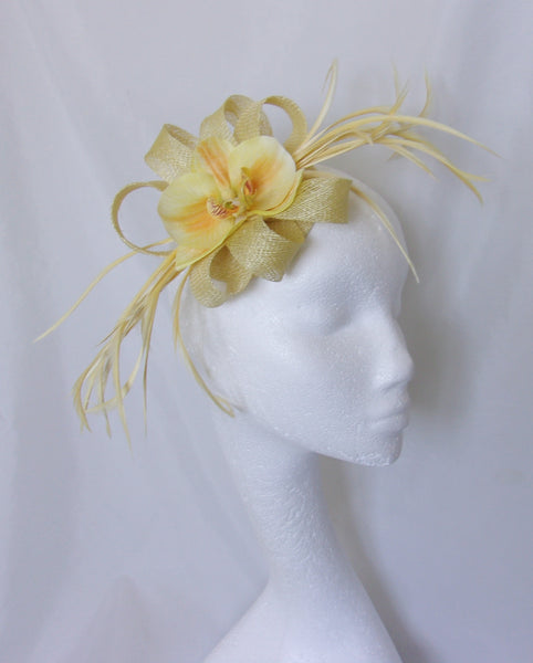 Yellow Fascinator - Primrose Lemon Yellows Shades Sinamay Loop Feather & Crystal Wedding Fascinator Mini Hat Ascot - Made to Order