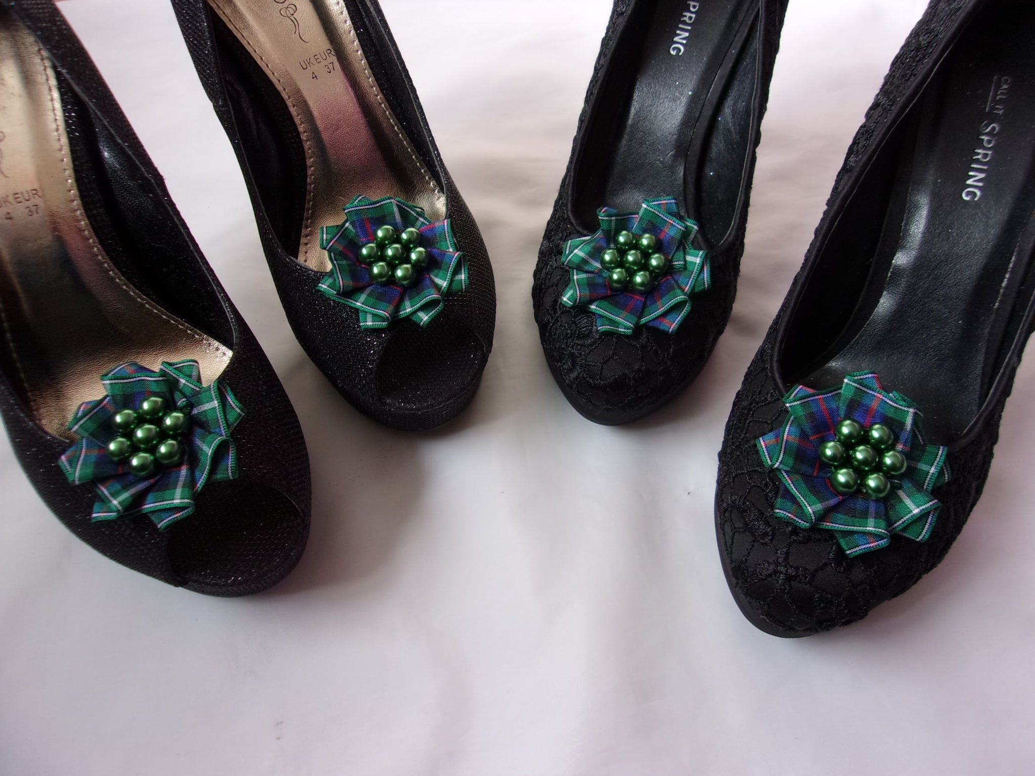Scottish Highland Clan McKenzie Tartan Ribbon Plain Ruffle & Crystal or Pearl Shoe Clips Decoration - Wedding Party - Made to Order