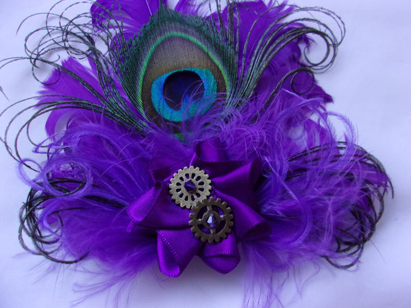 Steampunk Feather Brooch - Peacock Feather Buttonhole Corsage with Brass Cogs - Many Colours - Plain or Tartan - Wedding Bride Cosplay