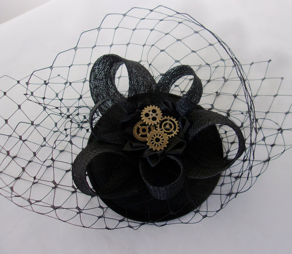 Black Mini Sinamay Steampunk Percher Fascinator Headpiece Hat with Merry Widow Blusher Veil and Brass or Silver Watch Cogs - Made to Order