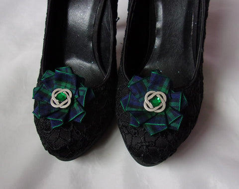 Celtic Black Watch Tartan Shoe Clips - Navy Blue and Green Tartan Plaid Shoe Clip with Silver Celtic Knot- Made to Order