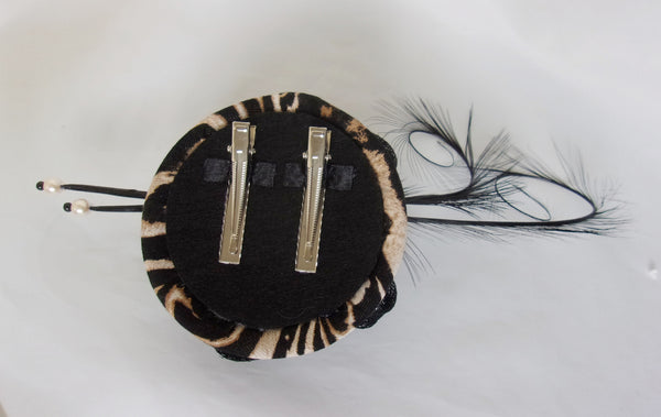 Tiger Stripe Fascinator - Safari Animal Print and Black Feather and Pearl Wedding Ascot Mini Hat - Made to Order