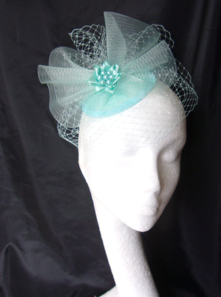Pale Aqua Aquamarine Blue Vintage Style Blusher Veil Crinoline Bow & Pearl Percher Fascinator Hat - Wedding 