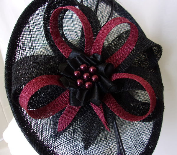 Black Burgundy Fascinator Upback Saucer with Sinamay Loops Curl Feathers & Pearls Wine Claret Marsala Hat- Made to Order - Ascot -Derby