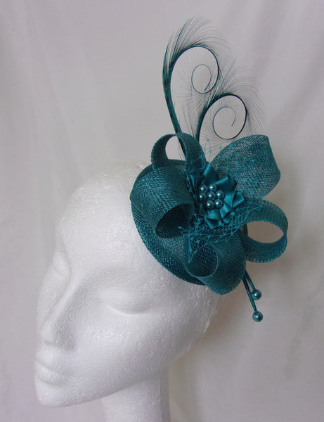 teal blue curl feather and sinamay fascinator wedding mini hat