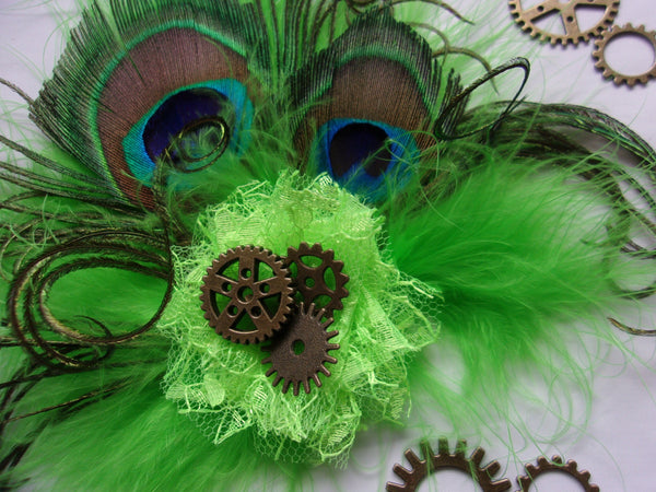 Lime Green Hair Clip Fascinator - Bright Apple Harlequin Fluff Feather Peacock & Brass Cogs Steampunk Wedding Clip Headpiece